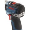 Zbliżenie na uchwyt wiertarko-wkrętarki w kolorze niebieskim z czarnymi i czerwonymi elementami, z widocznym logo "BOSCH" oraz napisem "BRUSHLESS". Produkt ma ergonomiczny kształt z metalowym klipsem i teksturowanym uchwytem.