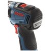 Na zdjęciu znajduje się niebiesko-czarna wiertarko-wkrętarka z czerwonymi elementami, z widocznym logo "BOSCH" oraz napisem "BRUSHLESS MOTOR". Produkt ma ergonomiczny uchwyt i przycisk w kolorze czerwonym.