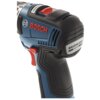 Zbliżenie na uchwyt wiertarko-wkrętarki w kolorze niebieskim z czarnymi i czerwonymi elementami, z widocznym logo "BOSCH" oraz napisem "BRUSHLESS MOTOR". Na górze urządzenia znajduje się czerwony przełącznik z napisem "BRUSHLESS".