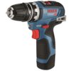 Na zdjęciu znajduje się niebiesko-czarna wiertarko-wkrętarka z czerwonymi elementami, z widocznym logo "BOSCH" oraz napisem "Professional GSR 12V-35 FC". Produkt ma ergonomiczny uchwyt i metalowy uchwyt na bity.