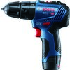 Na zdjęciu znajduje się niebiesko-czarna wiertarko-wkrętarka z czerwonymi elementami, z widocznym logo "BOSCH" oraz napisami "Professional GSB 12V-30" i "HEAVY DUTY". Produkt ma ergonomiczny uchwyt i widoczne przyciski sterujące.