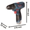 Na zdjęciu znajduje się niebiesko-czarna wiertarko-wkrętarka z czerwonymi elementami, z widocznym logo "BOSCH Professional GSR 120-LI". Obok narzędzia znajdują się oznaczenia wymiarów: 170 mm wysokości i 53 mm szerokości.