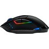 Czarna mysz komputerowa z teksturowaną powierzchnią i podświetleniem RGB w kolorach czerwonym, zielonym i niebieskim. Na boku widoczne są trzy niebieskie diody oraz logo producenta.