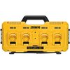 Żółta ładowarka z czterema gniazdami na akumulatory, z widocznym logo "DEWALT" na górze. Na dole znajduje się napis: "DCB104 12V/16V 10.8A 4.8Ah".