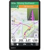 Ekran nawigacji GPS pokazuje mapę z trasą oznaczoną fioletową linią, z informacjami o prędkości 55 mph, odległości 3.2 mili, oraz przewidywanym czasie przybycia 1:58 PM. Na górze ekranu widnieje napis "Driving Southwest" oraz ostrzeżenie "Sharp curve", a w lewym dolnym rogu znajduje się logo "GARMIN".