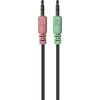 Zdjęcie przedstawia dwa przewody audio zakończone wtykami mini-jack. Jeden wtyk jest różowy z symbolem mikrofonu, a drugi zielony z symbolem słuchawek.
