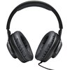 Czarne, nauszne słuchawki z miękkimi, wyściełanymi poduszkami i pałąkiem, z widocznym przewodem. Produkt to "Słuchawki JBL Quantum 100 Nauszne, ANC, Dźwięk przestrzenny Czarny".