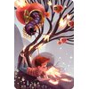 Ilustracja przedstawia chłopca leżącego na trawie pod drzewem, z którego gałęzi zwisają świetliste motyle i owocopodobne obiekty. W tle widoczne są abstrakcyjne kształty i jasne, świecące elementy.
