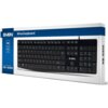 Pudełko z klawiaturą SVEN KB-S305, na którym widoczny jest obraz klawiatury z układem klawiszy w dwóch kolorach oraz napisy: "SVEN", "Wired keyboard", "KB-S305". Na opakowaniu znajdują się także ikony wskazujące na funkcje multimedialne i połączenie USB.
