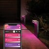 Na zdjęciu widać zewnętrzne lampy emitujące różowe światło, umieszczone wzdłuż ścieżki ogrodowej, oraz smartfon z aplikacją do sterowania oświetleniem, na której widoczne są opcje: "Backyard", "Nyro Hue 1", "Nyro Hue 2" i "Nyro Hue 3".