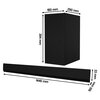 Na zdjęciu widoczny jest czarny soundbar oraz subwoofer. Obok każdego z urządzeń znajdują się wymiary: soundbar ma 1446 mm długości, 150 mm głębokości i 33 mm wysokości, a subwoofer 180 mm szerokości, 290 mm głębokości i 394 mm wysokości.