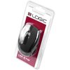 Na zdjęciu znajduje się mysz komputerowa w opakowaniu z przezroczystego plastiku, z widocznym logo "LOGIC" oraz napisem "LM-31W wireless mouse" na czerwonym tle. Mysz jest koloru czarnego z błyszczącym wykończeniem.