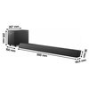 Na zdjęciu znajduje się czarny soundbar oraz subwoofer. Obok urządzeń widoczne są wymiary: subwoofer ma 267 mm szerokości, 225 mm wysokości i 150 mm głębokości, a soundbar ma 900 mm długości, 90 mm wysokości i 65,5 mm głębokości.