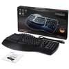 Na zdjęciu znajduje się ergonomiczna klawiatura z podzielonym układem klawiszy oraz jej opakowanie z napisem "PERIBOARD-512 Ergonomic Keyboard". Obok klawiatury leży instrukcja obsługi z napisem "PERIBOARD-512 User Manual".