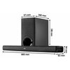 Na zdjęciu znajduje się czarny soundbar i subwoofer. Widoczne są wymiary: soundbar ma 900 mm długości, 54 mm wysokości i 83 mm głębokości, a subwoofer ma 171 mm szerokości, 318 mm wysokości i 342 mm głębokości.