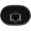 Czarny, owalny adapter z widocznym portem Ethernet. Nad portem znajduje się napis "PoE IN" z symbolem błyskawicy, a pod portem napis "MAIN".
