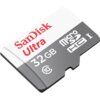 Karta pamięci z napisem SanDisk Ultra, 32GB, Micro SD HC I. Widoczne są oznaczenia klasy 10.
