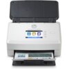 Skaner HP ScanJet Enterprise Flow N7000 snw1 z otwartą pokrywą, na której znajduje się logo HP. Na wyświetlaczu widoczne są opcje: "To Computer", "To E-mail", "To Network Folder", a poniżej znajduje się przycisk "Reserved Jobs".