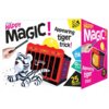 Opakowanie zabawki przedstawia pluszowego tygrysa oraz klatkę magiczną z napisem "HAPPY MAGIC! Appearing tiger trick!" i informacją o 25 sztuczkach. Na opakowaniu widoczna jest również ręka trzymająca różdżkę oraz kolorowe grafiki i symbole związane z mag