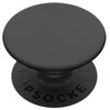 Czarny uchwyt i podstawka do telefonu o okrągłym kształcie, z widocznym napisem "POPSOCKETS" na dolnej części. Produkt ma gładką powierzchnię i jest przeznaczony do montażu na tylnej części telefonu.