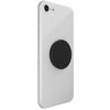 Smartfon z zamontowanym czarnym uchwytem i podstawką POPSOCKETS na tylnej obudowie. Urządzenie ma jasną obudowę i pojedynczy obiektyw aparatu z lampą błyskową.
