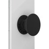 Na zdjęciu widoczny jest czarny uchwyt i podstawka do telefonu przymocowany do tylnej części białego urządzenia. Na podstawce znajduje się tekst: "POPSOCKETS.COM MADE IN CHINA".