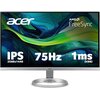 Monitor z cienką ramką i okrągłą podstawą, wyświetlający kolorową grafikę z tekstem: "acer", "AMD FreeSync", "IPS 2560x1440", "75Hz", "1ms (VRB)". Na dolnej ramce widoczne jest logo "acer".