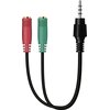 Na zdjęciu znajduje się kabel audio z trzema wtykami: jeden czarny wtyk jack oraz dwa gniazda – czerwone i zielone. Kabel jest krótki, a jego obudowy są wykonane z tworzywa sztucznego.