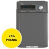 Pralka w kolorze szarym z panelem sterowania, na którym widoczne są przyciski i pokrętło oraz logo "Haier". Na żółtym okręgu znajduje się napis "7KG PRANIA".