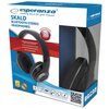 Opakowanie słuchawek bezprzewodowych nausznych z widocznym logo "esperanza" oraz napisem "SKALD BLUETOOTH STEREO HEADPHONES". Na opakowaniu znajdują się ikony i napisy informujące o kompatybilności z smartfonami, czystym dźwięku, zasięgu 10 metrów oraz wb