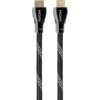 Na zdjęciu widoczny jest czarny kabel HDMI o długości 3 metrów z plecionym oplotem i metalowymi końcówkami, na których znajduje się napis "HDMI". Końcówki są w kolorze srebrnym z czarnymi elementami i złotymi złączami.