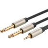 Na zdjęciu widoczny jest kabel z trzema wtykami: dwa większe Jack 6.35 mm i jeden mniejszy TRS 3.5 mm, wszystkie z pozłacanymi końcówkami. Na obudowach wtyków znajduje się napis "UGREEN".