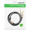 Opakowanie z kablem audio, na którym widnieje napis "UGREEN Deluxe Computer Cable" oraz chińskie znaki. Kabel ma końcówki TRS 3.5 mm i 2 x Jack 6.35 mm, a jego długość to 2 metry.