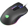 Czarna mysz komputerowa z podświetleniem RGB, na której widoczny jest napis "SCRAPPER" w kolorach tęczy. Na powierzchni myszy znajduje się świecący na zielono symbol pięści.