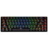 Na zdjęciu widoczna jest klawiatura z podświetleniem RGB, z wyraźnie oznaczonymi klawiszami, takimi jak "Esc", "Tab", "CapsLock", "Shift", "Enter", "Ctrl", "Alt", "Fn", oraz klawiszami funkcyjnymi od F1 do F12. Klawisze są podświetlone w różnych kolorach, tworząc efekt tęczy.