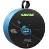 Okrągłe opakowanie słuchawek dokanałowych z widocznym logo "SHURE" na czarnym tle z niebieskimi akcentami, przedstawiające model słuchawek z napisem "AONIC215 Sound Isolating™ Earphones". Na opakowaniu znajdują się również napisy "SPECIAL EDITION", "Clear