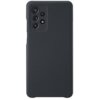 Czarne etui na telefon z klapką, otwarte, ukazuje ekran smartfona z kolorową grafiką w odcieniach żółci, fioletu, zieleni i bieli. Wnętrze klapki posiada kieszonkę na karty.