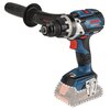 Na zdjęciu znajduje się wiertarko-wkrętarka w kolorze niebiesko-czarnym z czerwonymi akcentami, z widocznym logo "BOSCH Professional" oraz oznaczeniem modelu "GSR 18V-110C". Urządzenie posiada uchwyt boczny i brak zamontowanej baterii, co jest zaznaczone 