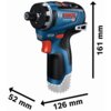 Na zdjęciu znajduje się niebiesko-czarna wkrętarka z czerwonymi elementami, z widocznym logo "BOSCH" oraz napisem "Professional GSR 12V-35 HX". Obok wkrętarki znajdują się wymiary: 161 mm wysokości, 126 mm długości i 52 mm szerokości.