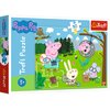 Pudełko puzzli przedstawia kolorową ilustrację z postaciami z bajki "Świnka Peppa" na tle lasu i gór, z napisem "Peppa Pig", "Trefl Puzzle", "30" oraz logo "Trefl". Na opakowaniu widnieje oznaczenie wiekowe "3+" i liczba elementów "30".