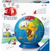 Na zdjęciu znajduje się opakowanie puzzli 3D przedstawiające globus z ilustracjami zwierząt i kontynentów, z widocznymi napisami: "3D Puzzle", "Sturdy - no glue required", "High quality plastic pieces", "AFRICA", "OCEAN", "INDIAN OCEAN", oraz logo "Ravens