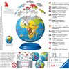Obraz przedstawia opakowanie produktu "Puzzle 3D RAVENSBURGER Dziecinny globus 11840 (73 elementy)" z ilustracją globusa złożonego z puzzli, na którym widoczne są kontynenty i zwierzęta, oraz szczegółowe informacje o zawartości w kilku językach. W prawym 
