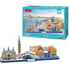 Pudełko puzzli 3D przedstawia model Wenecji z widocznymi budynkami i kanałami, a na opakowaniu znajduje się napis "CubicFun CityLine 3D Puzzle". Na dole pudełka widnieje informacja "126 Pieces" oraz ostrzeżenie "WARNING: Choking Hazard - Small Parts".
