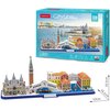 Na zdjęciu znajduje się opakowanie puzzli 3D "Cubic Fun City Line Wenecja MC269H" z 126 elementami oraz złożony model przedstawiający fragment Wenecji. Na opakowaniu widoczny jest napis "CubicFun CityLine Venice" oraz ostrzeżenie: "WARNING: CHOKING HAZARD