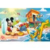 Na ilustracji znajdują się postacie z kreskówek na plaży, w tym mysz trzymająca deskę surfingową, kaczor z kołem ratunkowym i pies bawiący się w wodzie. W tle widać domek na palach, latawiec na niebie oraz słońce i chmury.