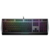 Czarna klawiatura z podświetleniem RGB, z widocznym logo "ALIENWARE" na dolnej części. Klawisze są podświetlone w różnych kolorach, tworząc efekt tęczy.