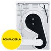 Widoczny jest tył suszarki z elementami technicznymi, takimi jak przewody i okrągłe otwory. Na żółtym tle znajduje się napis "POMPA CIEPŁA".