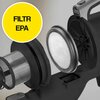 Zbliżenie na elementy odkurzacza, w tym filtr i metalowy cylinder, z widocznym żółtym okręgiem z napisem "FILTR EPA". Produkt jest częściowo rozłożony, ukazując szczegóły konstrukcji.