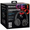 Czarne opakowanie słuchawek bezprzewodowych z widocznym logo "defender" oraz napisem "FREEMOTION B552 Wireless stereo headset". Na opakowaniu znajdują się informacje: "Adjustable headband", "Audio cable included", "Up to 5 hours of battery operation time"