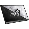 Monitor ASUS ROG Strix XG16AHPE o przekątnej 15,6 cala z wyświetlaczem 1920x1080px IPS, częstotliwością odświeżania 144Hz i czasem reakcji 3 ms. Na ekranie widoczne jest logo ROG na tle futurystycznego miasta.
